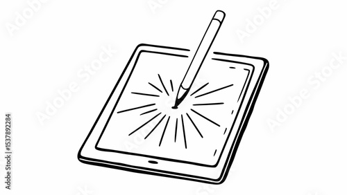 Illustration of a tablet with a stylus touching the screen creating a burst of light effect design created with generated ai