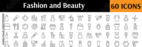 Simple Linear Illustration of Beauty. Contains Icons of Perfume, Brush, Cosmetics, Hair Dryer for Graphics, Concept, Apps