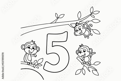 coloring page for kids, counting page Count the Monkeys, a large number 5 with five playful monkeys hanging from it, educational, thick outlines, black and white