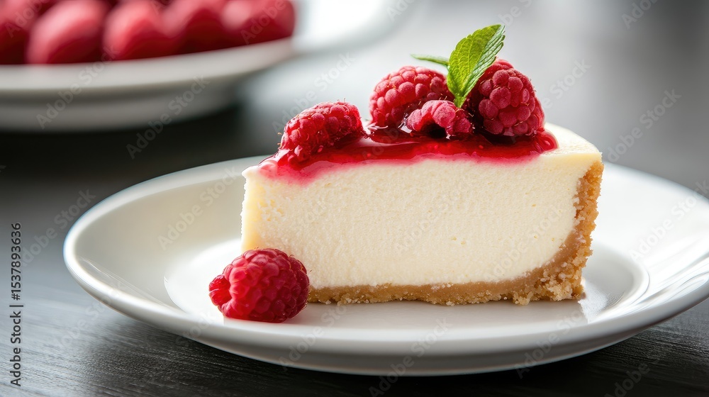A slice of cheesecake topped with fresh raspberries and mint A slice of cheesecake topped with fresh raspberries and mint