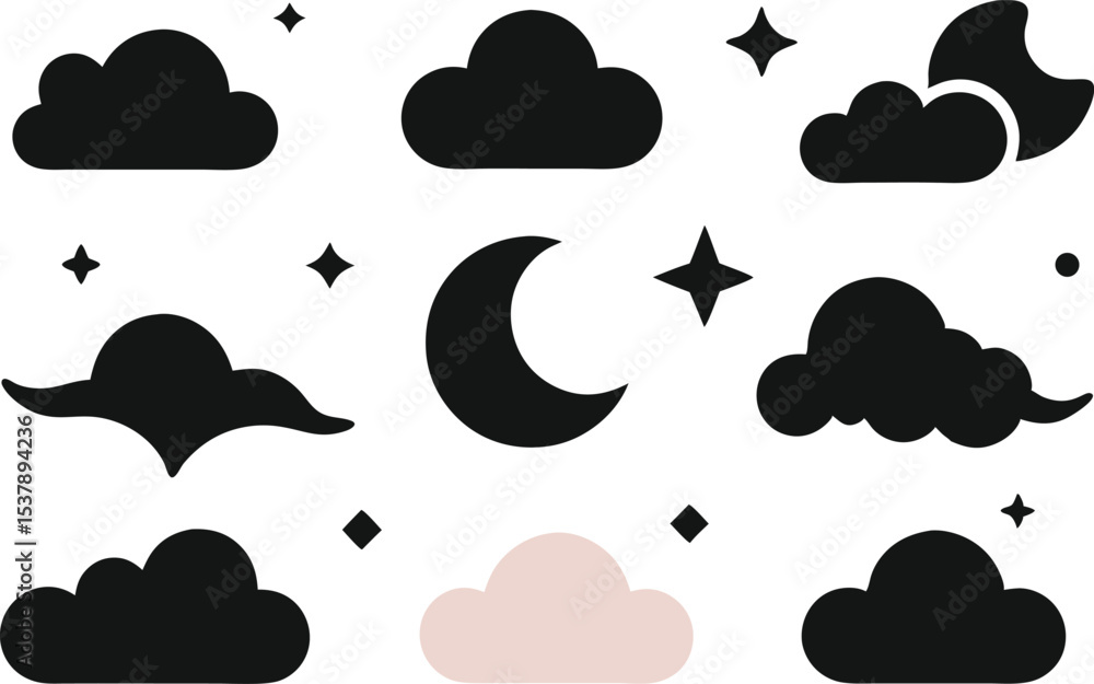 Serene sky outline icon set featuring evening sky elements isolated on transparent background Serene sky outline icon set featuring evening sky elements isolated on transparent background