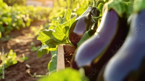 Sunlit eggplant harvest in a garden with lush green leaves, close-up shot, and focus on fresh, organic produce growing on a farm during summer.