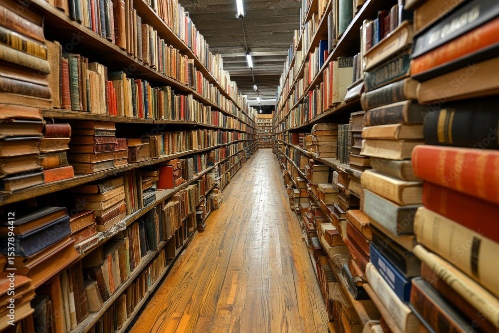 Obraz premium Narrow wooden corridor between tall bookshelves full of books in the library
