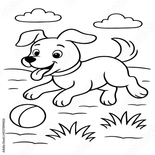 A playful dog excitedly chases a ball, illustrated in a fun black-and-white cartoon style with easy-to-color lines, perfect for kids.