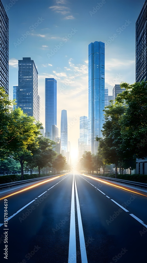 Fototapeta premium Urban road leading to modern city skyline with skyscrapers under bright sky