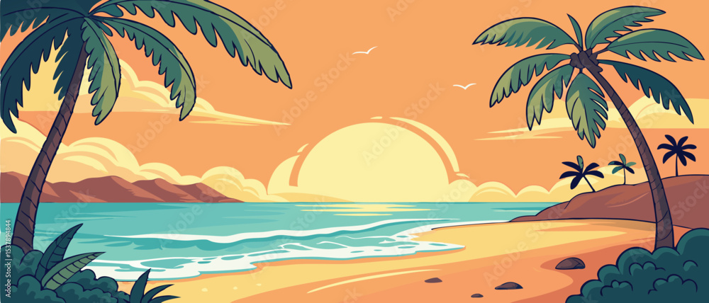 Fototapeta premium Tropical Beach Sunset with Palm Trees Landscape