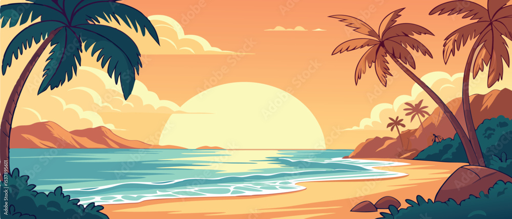 Fototapeta premium Sunset Over Tropical Ocean Beach with Palms