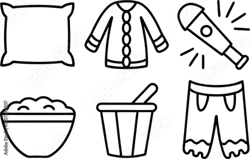 Sleepover party outline icons set isolated on transparent background