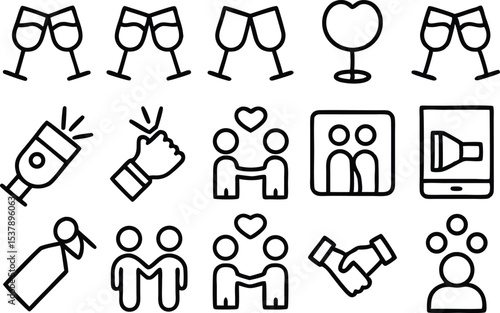 Outline icon set for social gatherings isolated on transparent background