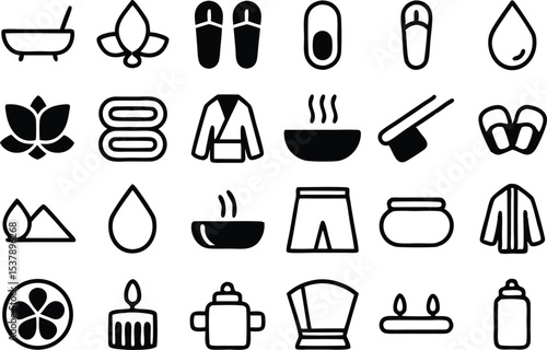 Spa essentials flat icon set featuring various spa treatment icons isolated on transparent background