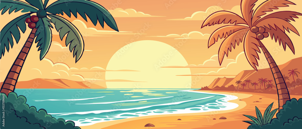 Obraz premium Sunset Over Tropical Ocean Beach with Palms