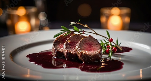 Elegant fine dining presentation of roasted game meat with lingonberry sauce drizzle, minimal white plate, luxury restaurant ambiance, moody lighting
