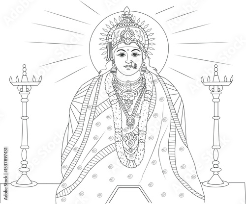 Mandhar Devi Hindu Goddess Line Art Drawing, Line art illustration of Hindu goddess Mandhar Devi, a popular deity in Maharashtra, India. The drawing depicts the goddess adorned with traditional 