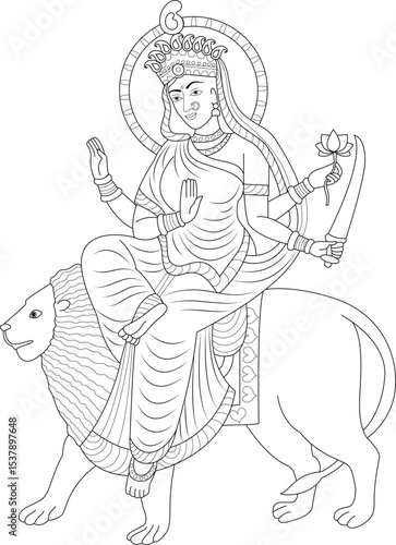 Goddess Katyayani Mata Line Art, Black and white line drawing of Katyayani Mata, the sixth form of Goddess Durga, depicted with multiple arms, holding a lotus and a sword, and riding a lion. 