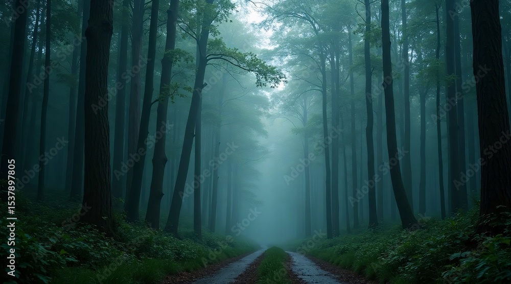 Fototapeta premium Misty Forest Path with Tall Trees and Soft Fog