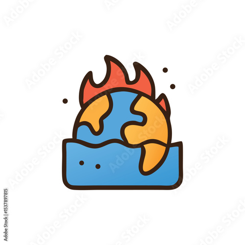 Cartoon illustration of a burning Earth partially submerged in water, depicting environmental issues.