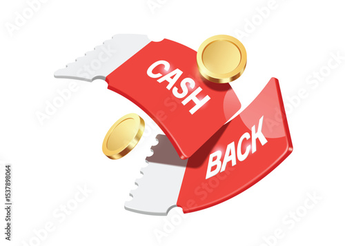 Two red paper promotional banners or tag label with the text cash back and gold coins or dollars floating in mid-air for design of advertising campaign buy more, get more cash back, vector 3d isolated