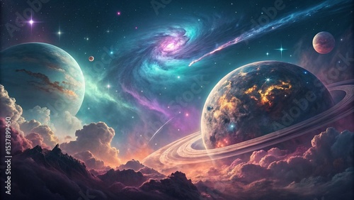 A vibrant blue Earth and Moon sphere, with visible continents and oceans, glow under the sun's light in the dark cosmos