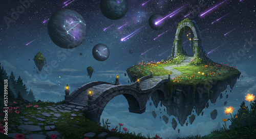 Fantasy Landscape of Floating Islands, Archways, Bridges, Planets, and a Starry Sky