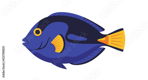 Illustration of a cartoon royal blue tang fish with yellow accents swimming on a white background view