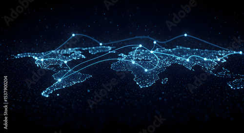 Global network connections and data transfer visualization over a world map