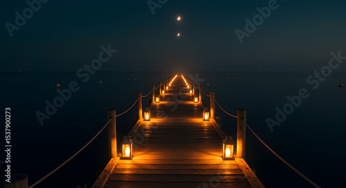 Illuminated wooden pier leading to the horizon with lanterns at night under the moon