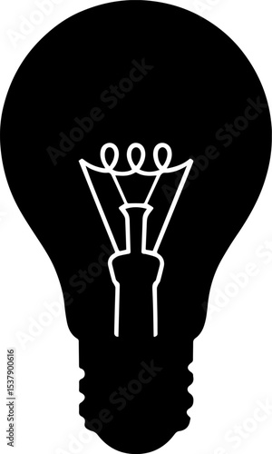 A black silhouette of a lightbulb with a white filament on a white background design art