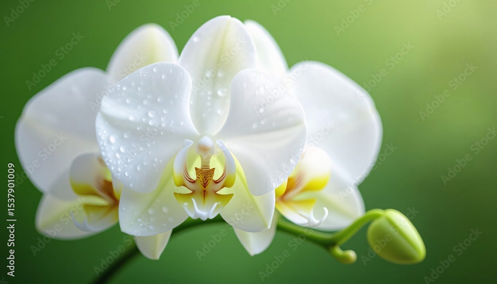 Fototapeta premium White Orchid in Full Bloom with Dew Drops on a Soft Green Background