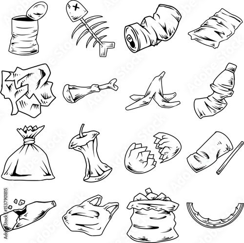 Hand drawn garbage icons set in black and white