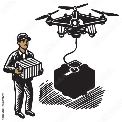 A drone delivering a package to a waiting customer below.