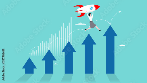 solopreneur or independent businessman, freelancer concept, business owners who work alone to develop their business, business woman launches company rocket alone above the business growth graph