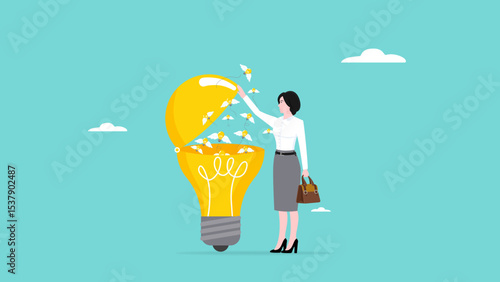 Idea generation, process of developing ideas to inspire the emergence of new ideas, innovation or creativity, young business woman opens lightbulb ideas to create more new lightbulb ideas