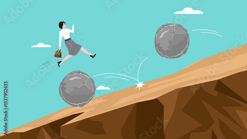 effort or adversity for business growth, overcome obstacle on business growth for career success, leadership skill concept, businesswoman jump over falling boulder to climb up hill of success
