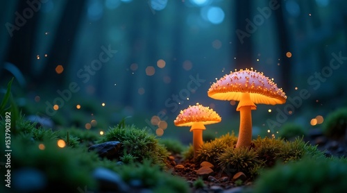 Glowing Mushrooms in an Enchanted Forest with Sparkling Lights