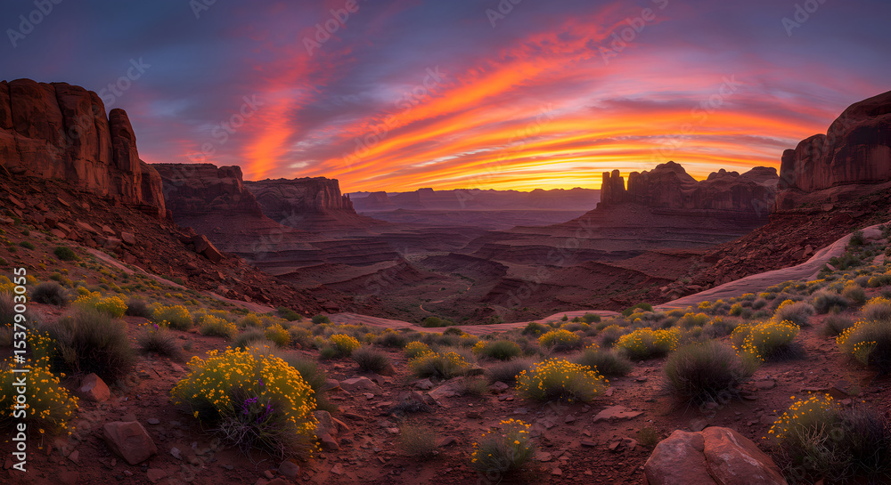 Fototapeta premium Spectacular Sunset Over Desert Canyon with Vivid Colors and Stunning Scenery