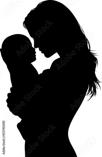 Silhouette of a mother holding her baby against a white background in a loving embrace