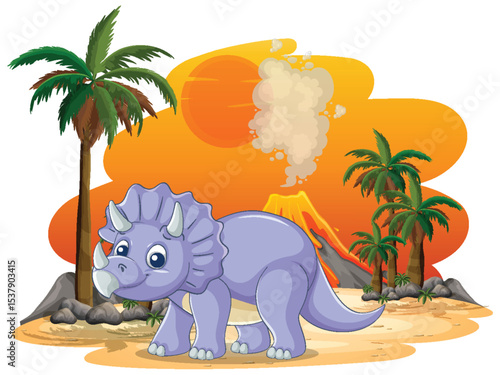 Cute Triceratops in Prehistoric Jungle Scene