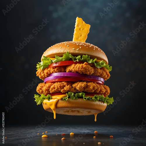 Floating Zinger Burger with Falling Cheese – Exploded Food Layers Concept