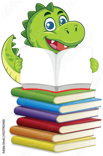 Cheerful Dinosaur Reading on Colorful Book Stack