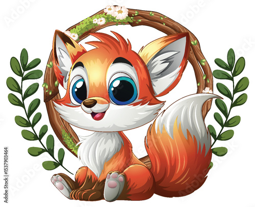 Cute Fox in a Floral Wreath