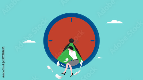 overwork in office deadline, stress businesswoman because many work deadlines sit on the clock with the red zone squeezing them