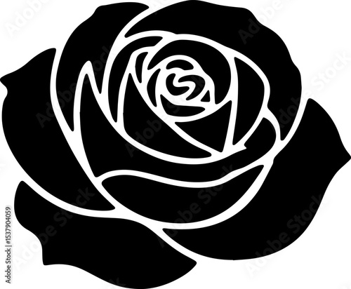 A stylized black rose illustration with intricate petal details on a white background silhouette