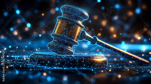 Digital gavel made of glowing lines and nodes on a dark background with caption space—symbolizing justice, modern law, legal tech, digital governance, and the future of legal systems.
