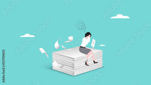 overwork with excessive workload, heavy workload or business burden make depression, burnout and low efficiency, stressed woman sitting on work task papers that are piled up and scattered around
