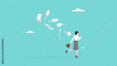 overwhelmed with completing the excessive workload, stressed and tired from business problem and trouble, burnout and depression , confused and fearful business woman runaway from chasing paperwork