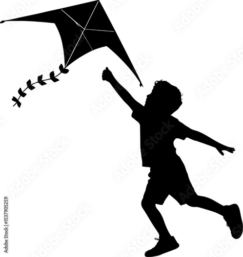 Silhouette of a boy running and flying a kite against a white background in the air