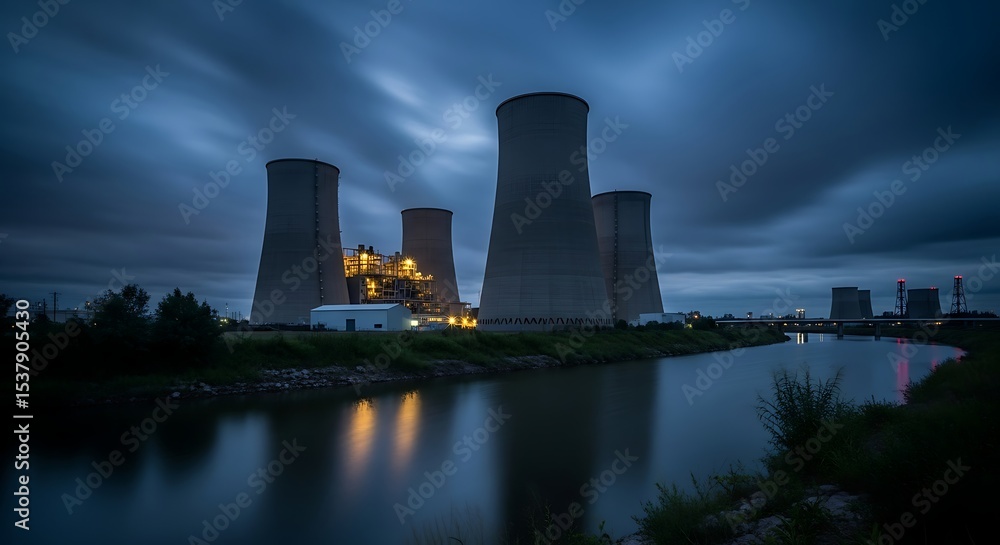Naklejka premium Power Station Cooling Towers Reflecting in Calm Water at Dusk