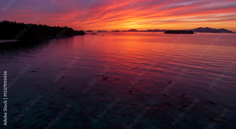 Naklejka premium Stunning sunset over the ocean with silhouettes of land and vibrant colors