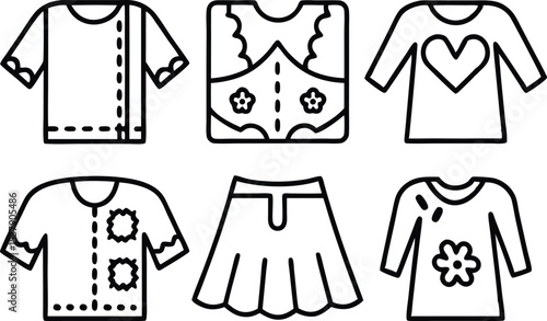 Outline icon set featuring upcycled clothing garments for sustainable fashion design projects