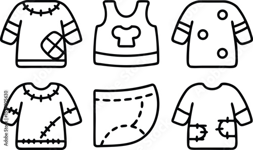 Outline icon set featuring upcycled clothing garments for sustainable fashion design projects